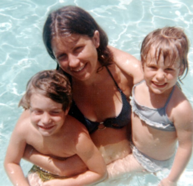 Christine 1972 holding Cian & Shannon in Pool