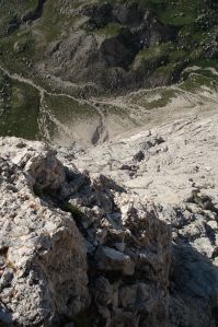 Looking back down the route from near the top at 7:30 AM, pitch 14.
