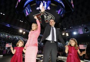 U.S. Senator Ted Cruz (R-TX) stands on stage with his wife Heidi and their daughters Catherine and Caroline, as he announces his candidacy for president during an event at Liberty College in Lynchburg, Virginia, March 23, 2015. REUTERS/Chris Keane/Files