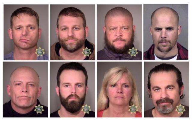 Inmates (clockwise from top left) Ryan Bundy, Ammon Bundy, Brian Cavalier, Jon Ritzheimer, Peter Santilli, Shawna Cox, Ryan Payne and Joseph O'Shaughnessy are seen in a combination of police jail booking photos released by the Multnomah County Sheriff's Office and Maricopa County Sheriff's Office (top R) on January 27, 2016. REUTERS/MCSO/Handout via Reuters