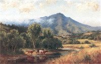 hiram-reynolds-bloomer-cows-watering-in-a-stream-with-a-mountain-in-the-distance