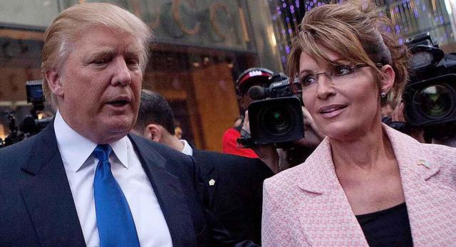 NEW YORK, NY - MAY 31: Former U.S. Vice presidential candidate and Alaska Governor Sarah Palin (R), and Donald Trump walk towards a limo after leaving Trump Tower, at 56th Street and 5th Avenue, on May 31, 2011 in New York City. Palin and Trump met for a dinner meeting in the city. (Photo by Andrew Burton/Getty Images)