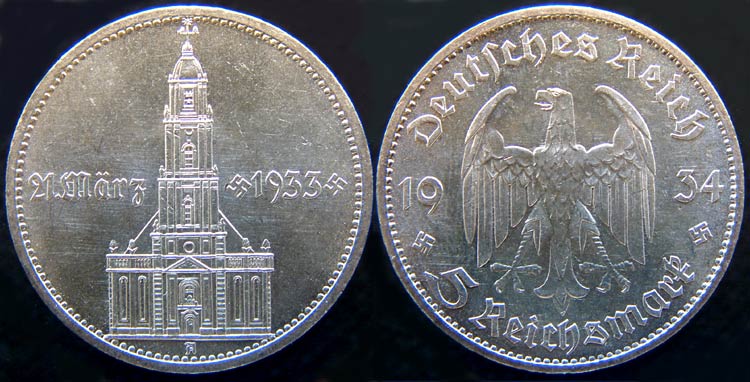  1934 coins commemorating the March 21, 1933 Day of Potsdam, with an image of the Garrison Church. 