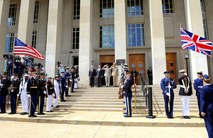 Defense Secretary Robert M. Gates, United Kingdom's Secretary of State for Defence Liam Fox, Sir David Richards, UK Chief of Defence, and Chairman of the Joint Chiefs of Staff Adm. Mike Mullen render honors during the playing of the British and American national anthems at the Pentagon, April 26, 2011. Defense Department photo by Cherie Cullen (released)