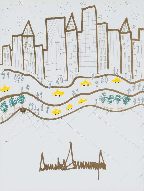 Another hand-drawn sketch of the Manhattan skyline donated to charity by Mr. Trump.