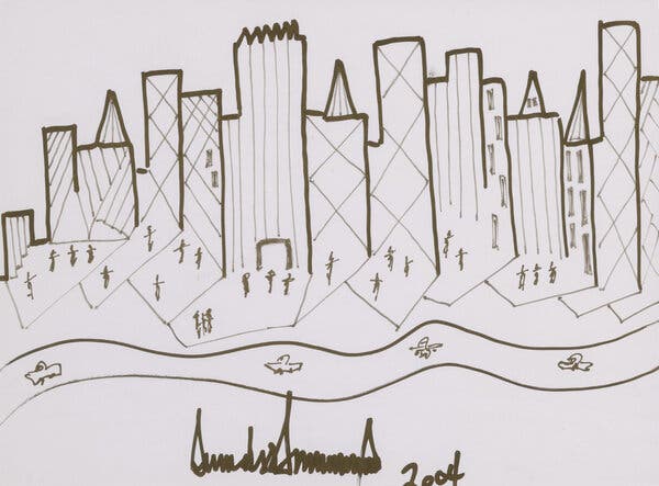 A hand-drawn sketch of the Manhattan skyline donated to charity by Mr. Trump.