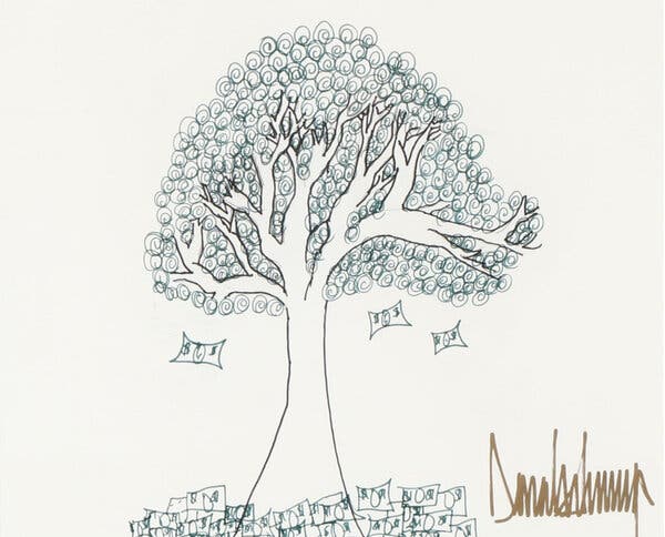 A hand-drawn sketch with Mr. Trump’s signature of what an auction house described as a “money tree.”