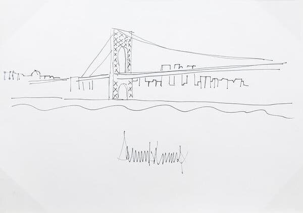 A hand-drawn sketch of the George Washington Bridge with Mr. Trump’s signature.