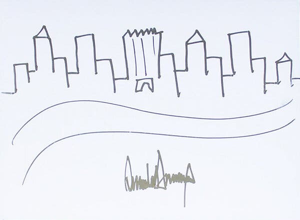 A third hand-drawn sketch of the Manhattan skyline donated to charity by Mr. Trump.